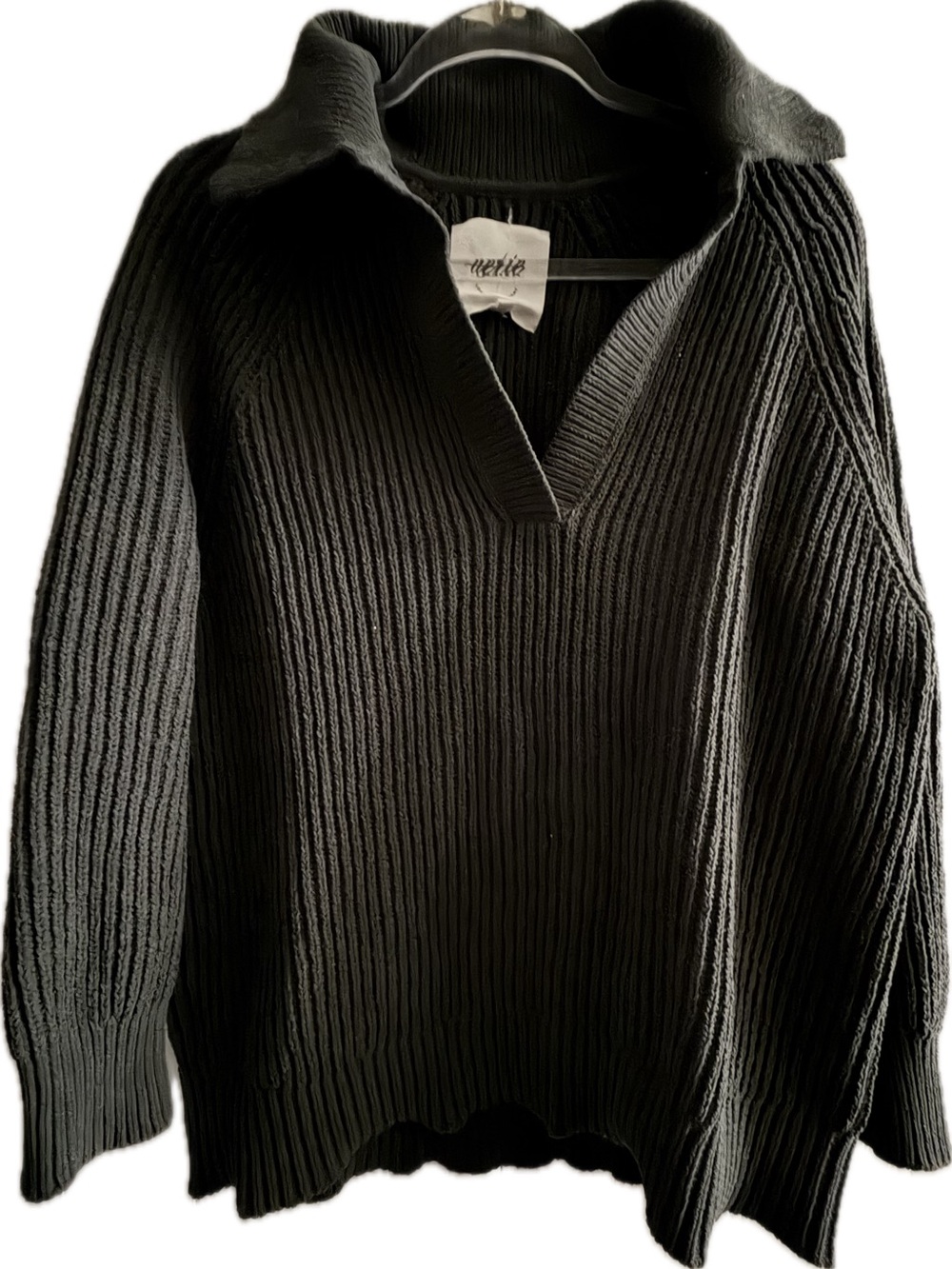 Aerie Black Ribbed V-Neck Polo Collar Sweater